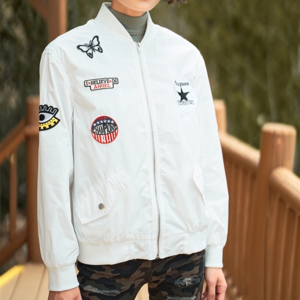 Aviator Bomber Jacket Retro Patches in White S M L
